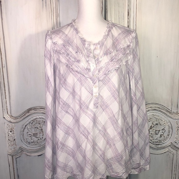 William Rast Lavender Plaid on White Soft Popover Button Down Long Sleeve Top - Picture 1 of 9